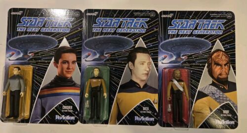 Lot Of 3 Star Trek TNG   ReAction Super7 Figures Worf Wesley Crusher D